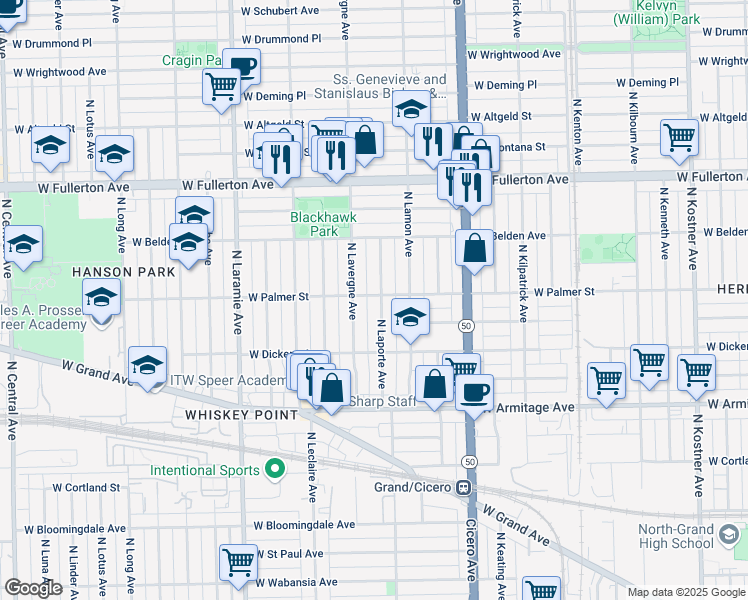 map of restaurants, bars, coffee shops, grocery stores, and more near 2158 North Laporte Avenue in Chicago