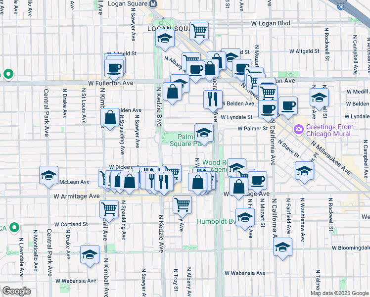 map of restaurants, bars, coffee shops, grocery stores, and more near 3071 West Palmer Square in Chicago