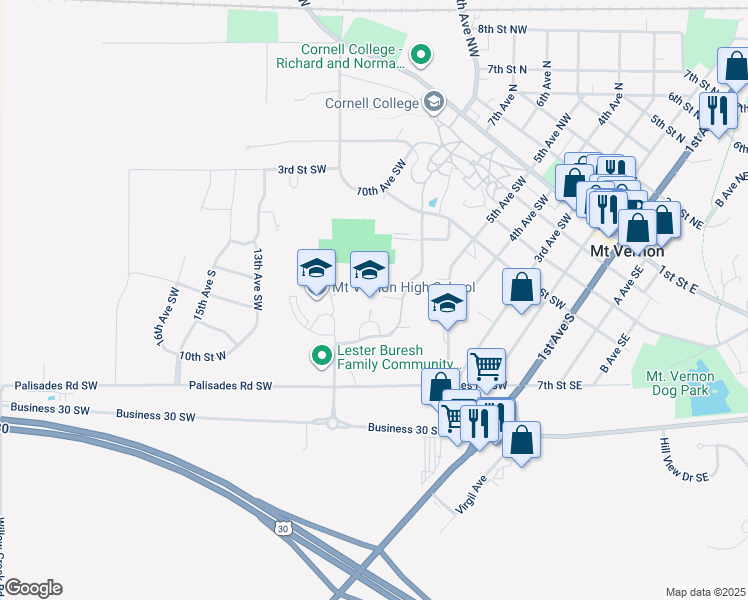 map of restaurants, bars, coffee shops, grocery stores, and more near 525 Palisades Road Southwest in Mount Vernon