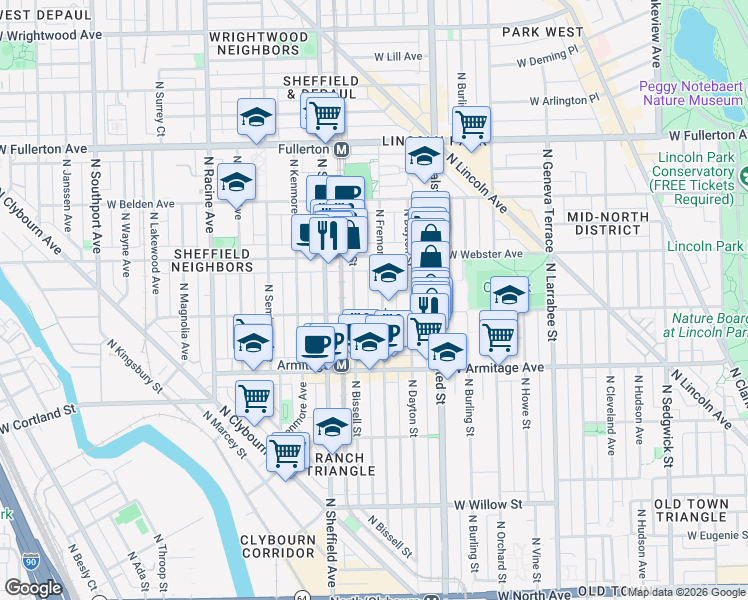 map of restaurants, bars, coffee shops, grocery stores, and more near 2110 North Fremont Street in Chicago