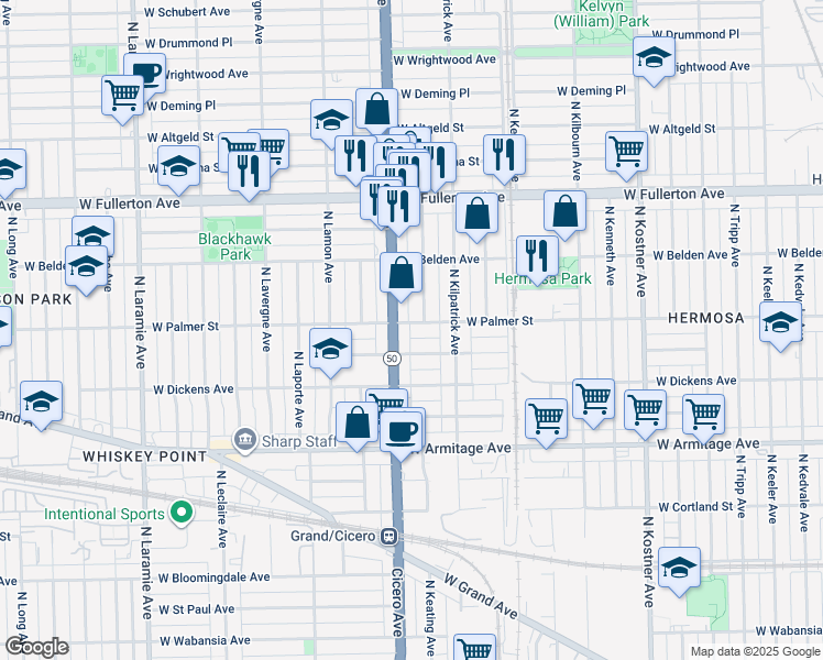 map of restaurants, bars, coffee shops, grocery stores, and more near 4743 West Palmer Street in Chicago