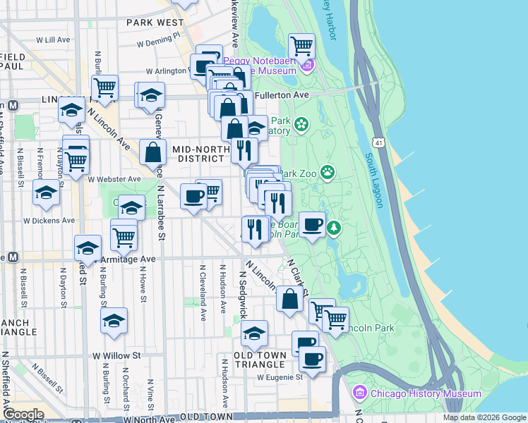 map of restaurants, bars, coffee shops, grocery stores, and more near in Chicago