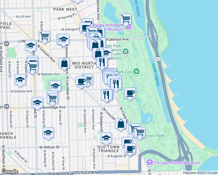 map of restaurants, bars, coffee shops, grocery stores, and more near in Chicago