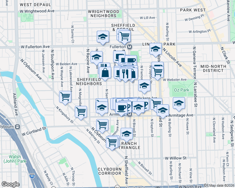 map of restaurants, bars, coffee shops, grocery stores, and more near in Chicago