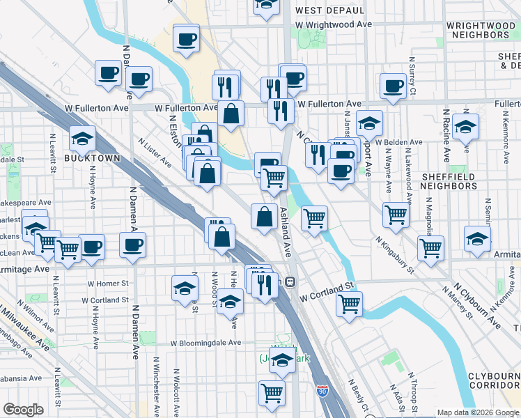 map of restaurants, bars, coffee shops, grocery stores, and more near 2123 North Elston Avenue in Chicago
