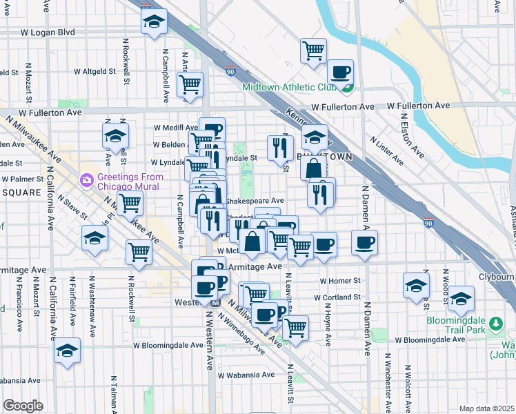 map of restaurants, bars, coffee shops, grocery stores, and more near 2235 West Shakespeare Avenue in Chicago