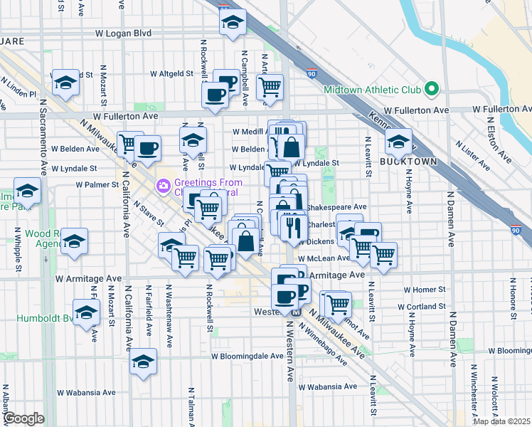 map of restaurants, bars, coffee shops, grocery stores, and more near 2132 North Western Avenue in Chicago
