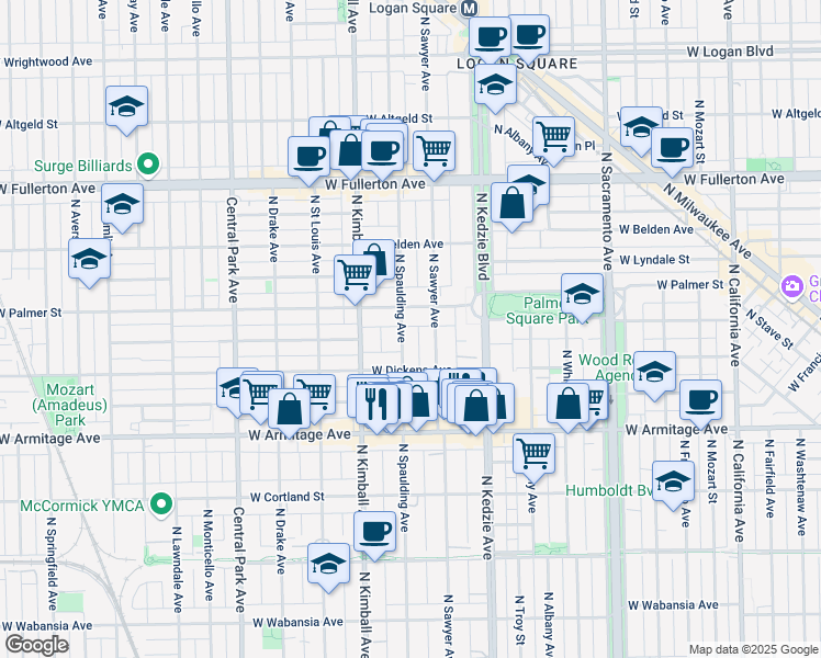 map of restaurants, bars, coffee shops, grocery stores, and more near 2136 North Sawyer Avenue in Chicago