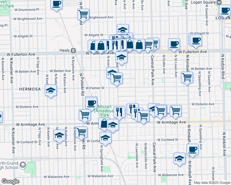 map of restaurants, bars, coffee shops, grocery stores, and more near 3755 West Palmer Street in Chicago
