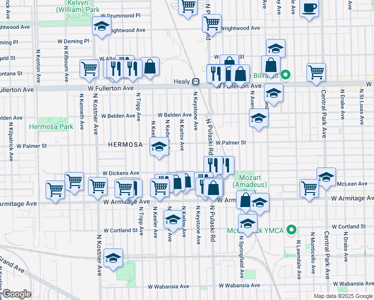 map of restaurants, bars, coffee shops, grocery stores, and more near 2155 North Karlov Avenue in Chicago