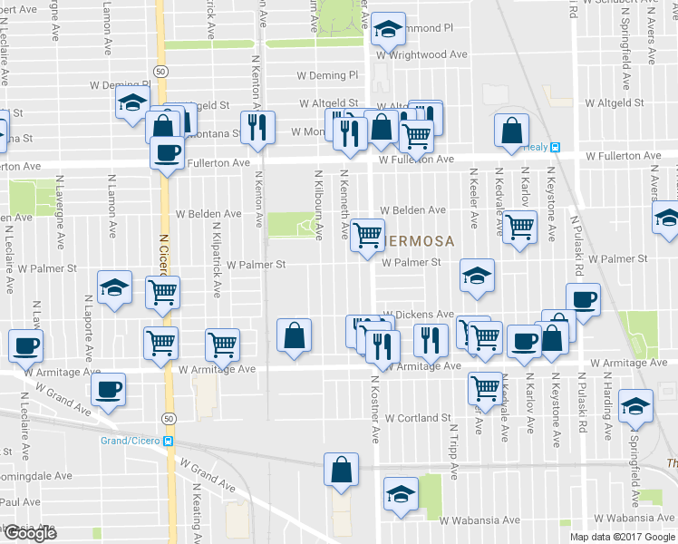 map of restaurants, bars, coffee shops, grocery stores, and more near 2154 North Kenneth Avenue in Chicago
