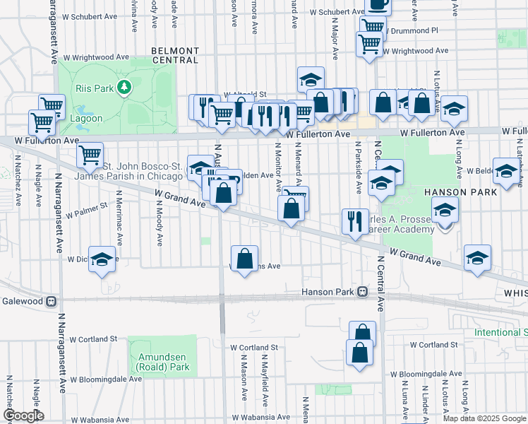 map of restaurants, bars, coffee shops, grocery stores, and more near 2224 North Monitor Avenue in Chicago