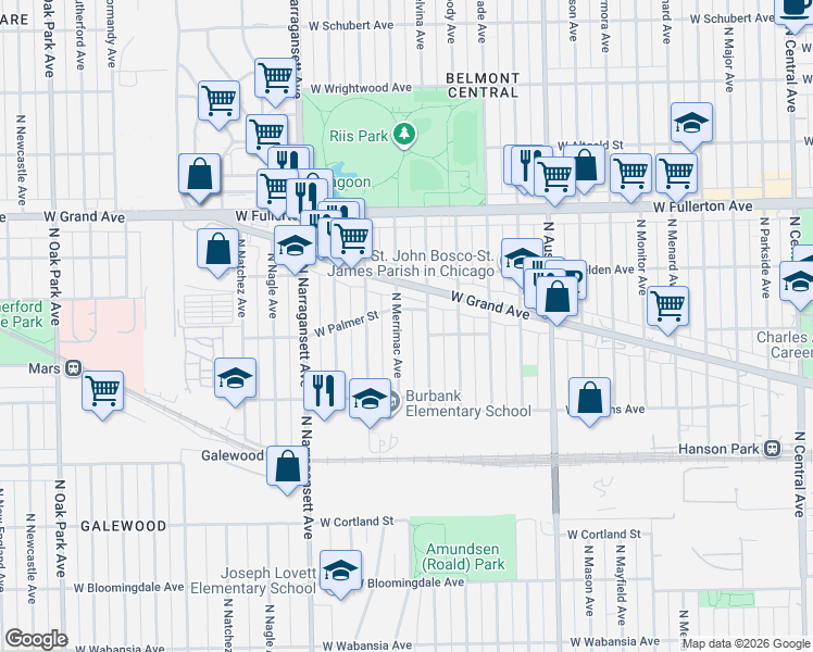 map of restaurants, bars, coffee shops, grocery stores, and more near 2179 North Merrimac Avenue in Chicago