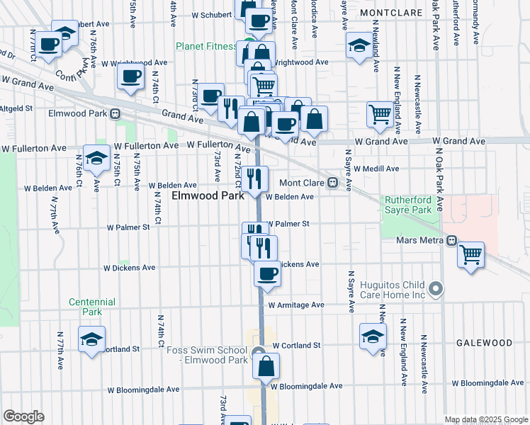 map of restaurants, bars, coffee shops, grocery stores, and more near 2221 North Harlem Avenue in Chicago
