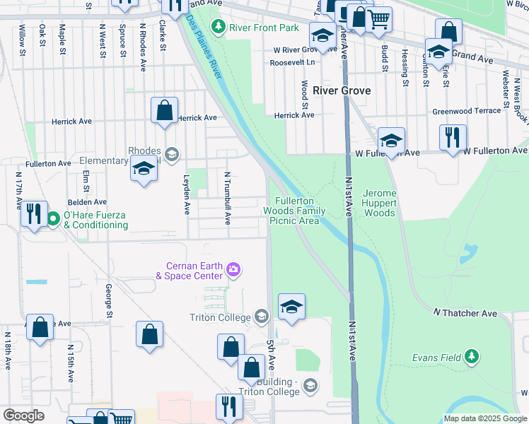 map of restaurants, bars, coffee shops, grocery stores, and more near 2302 River Road in River Grove