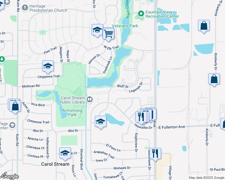 map of restaurants, bars, coffee shops, grocery stores, and more near 674 Legends Drive in Carol Stream