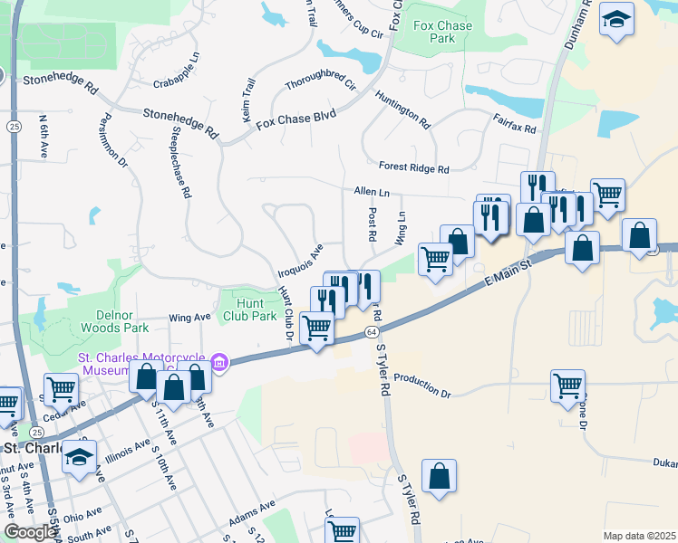 map of restaurants, bars, coffee shops, grocery stores, and more near 411 North Tyler Road in St. Charles