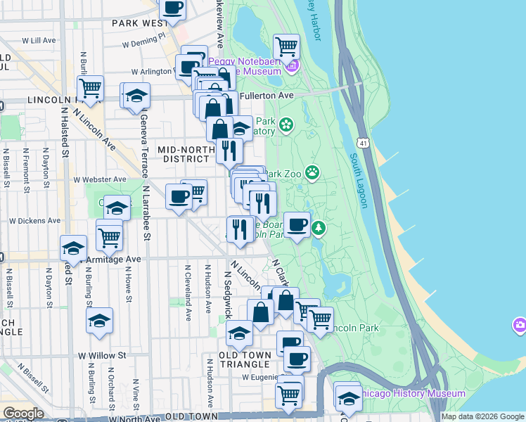 map of restaurants, bars, coffee shops, grocery stores, and more near 2100 North Lincoln Park West in Chicago