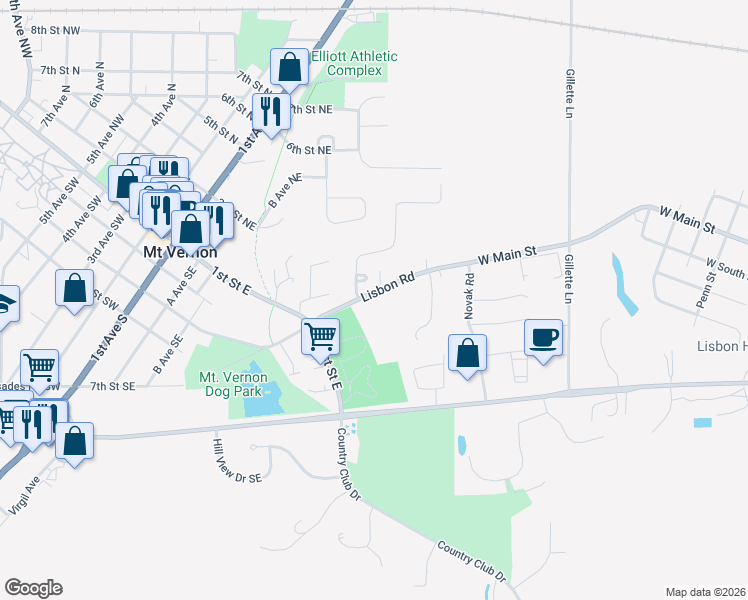map of restaurants, bars, coffee shops, grocery stores, and more near 720 Lisbon Road in Mount Vernon