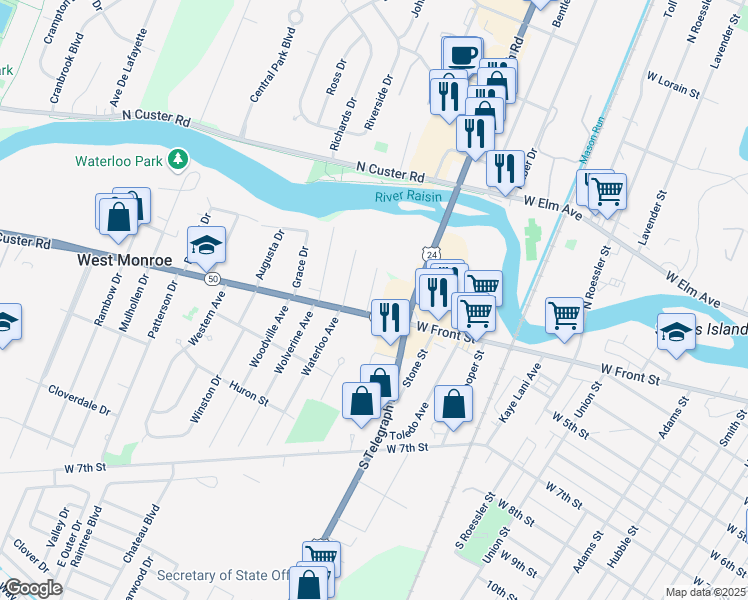 map of restaurants, bars, coffee shops, grocery stores, and more near 555 Oak Dr in Monroe