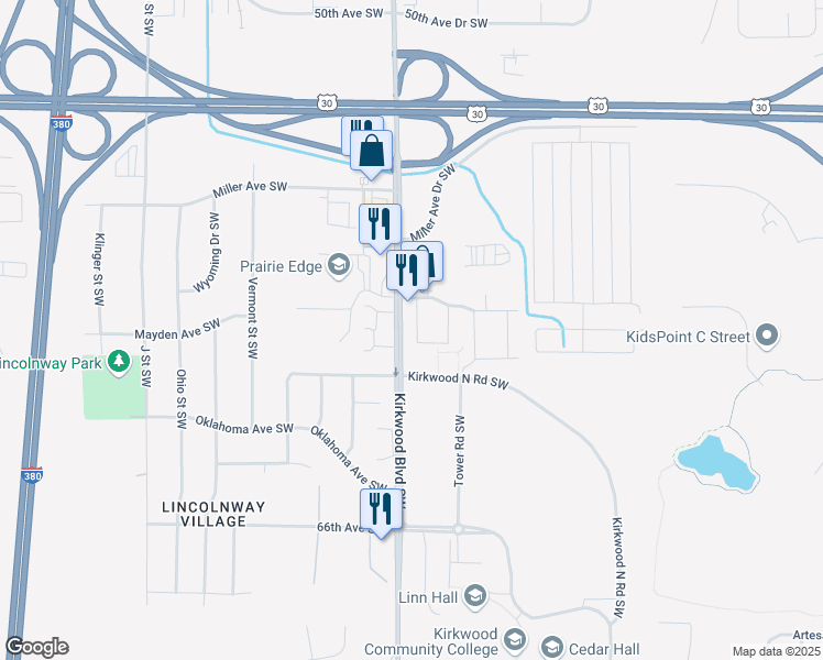 map of restaurants, bars, coffee shops, grocery stores, and more near 5635 Kirkwood Boulevard Southwest in Cedar Rapids