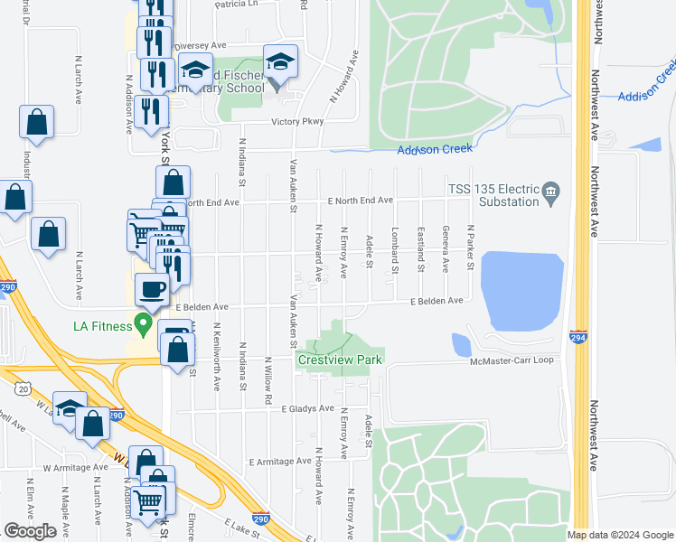 map of restaurants, bars, coffee shops, grocery stores, and more near 734 North Emroy Avenue in Elmhurst