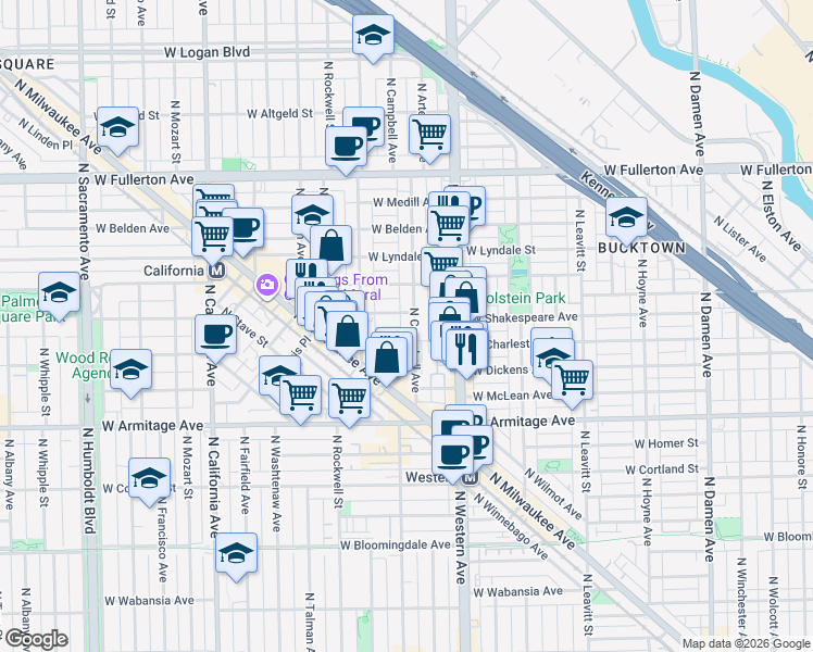 map of restaurants, bars, coffee shops, grocery stores, and more near 2517 West Shakespeare Avenue in Chicago