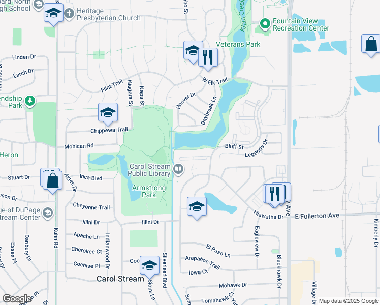 map of restaurants, bars, coffee shops, grocery stores, and more near 680 Bluff Street in Carol Stream