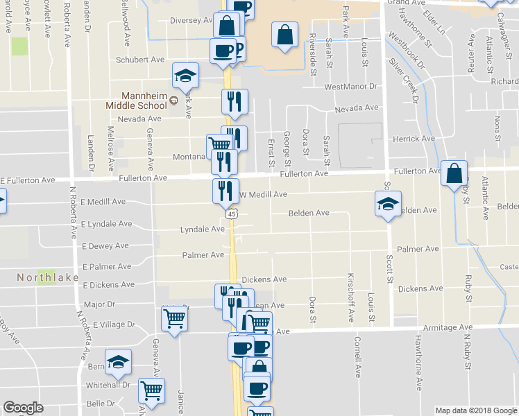 map of restaurants, bars, coffee shops, grocery stores, and more near 10312 Belden Avenue in Melrose Park