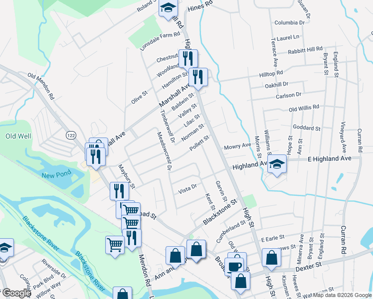 map of restaurants, bars, coffee shops, grocery stores, and more near 75 Pollett Street in Cumberland