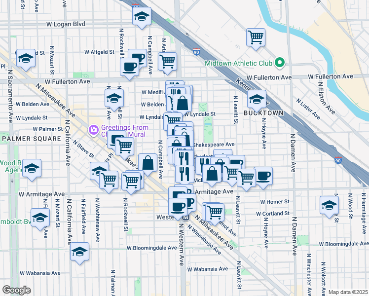 map of restaurants, bars, coffee shops, grocery stores, and more near 2117 North Western Avenue in Chicago