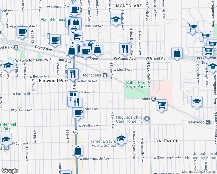 map of restaurants, bars, coffee shops, grocery stores, and more near 2216 North Sayre Avenue in Chicago
