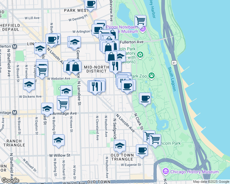 map of restaurants, bars, coffee shops, grocery stores, and more near 2107 North Sedgwick Street in Chicago