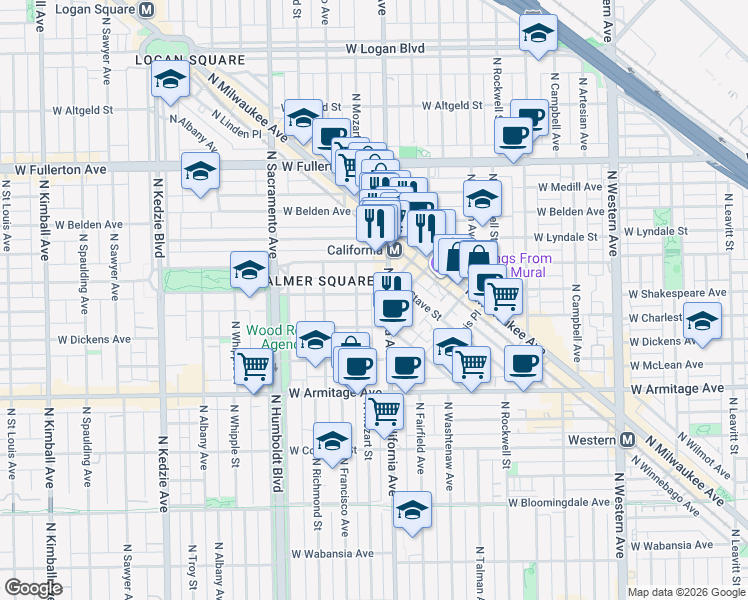 map of restaurants, bars, coffee shops, grocery stores, and more near 2801 West Shakespeare Avenue in Chicago
