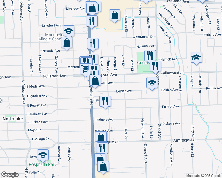 map of restaurants, bars, coffee shops, grocery stores, and more near 10312 Belden Avenue in Melrose Park