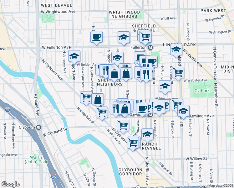 map of restaurants, bars, coffee shops, grocery stores, and more near 2118 North Clifton Avenue in Chicago