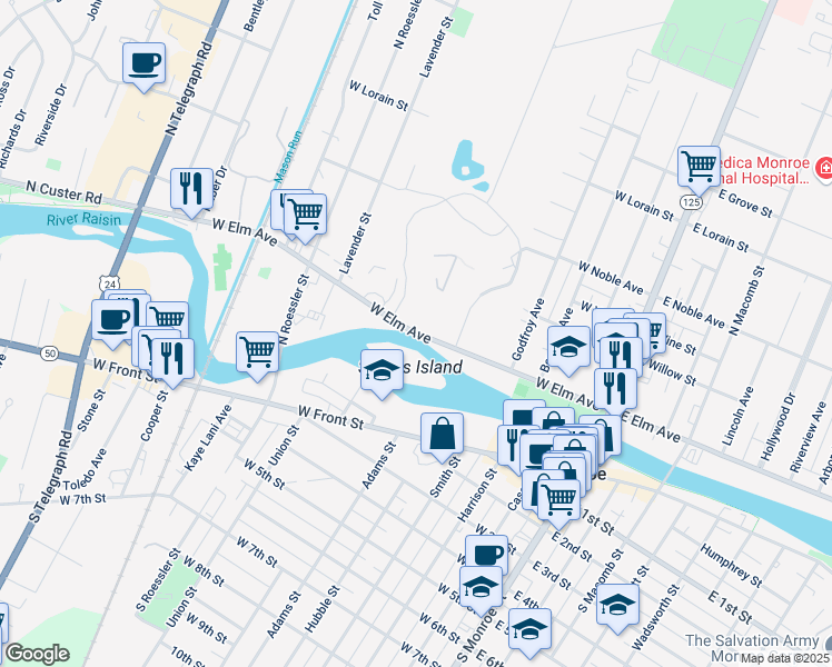 map of restaurants, bars, coffee shops, grocery stores, and more near 610 West Elm Avenue in Monroe