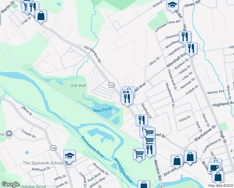 map of restaurants, bars, coffee shops, grocery stores, and more near 14 Mendon Road in Cumberland