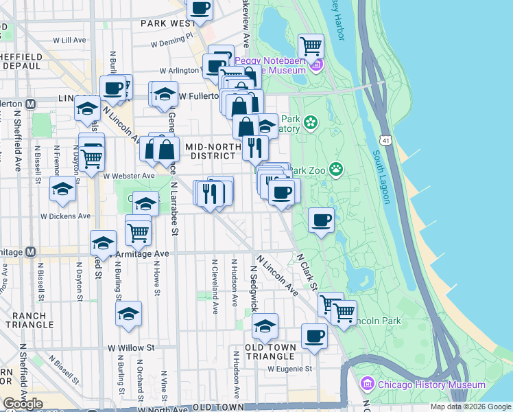 map of restaurants, bars, coffee shops, grocery stores, and more near 2114 North Sedgwick Street in Chicago