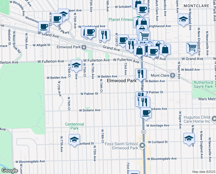 map of restaurants, bars, coffee shops, grocery stores, and more near 2216 North 74th Avenue in Chicago