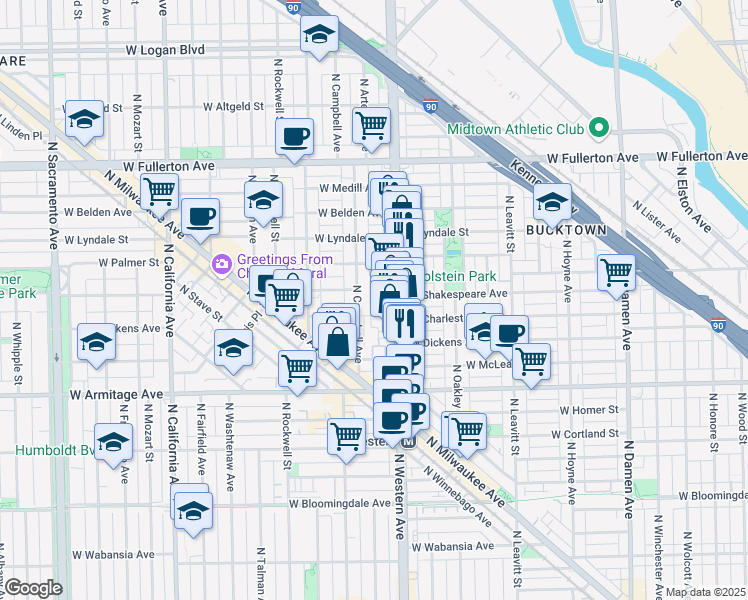 map of restaurants, bars, coffee shops, grocery stores, and more near 2132 North Western Avenue in Chicago