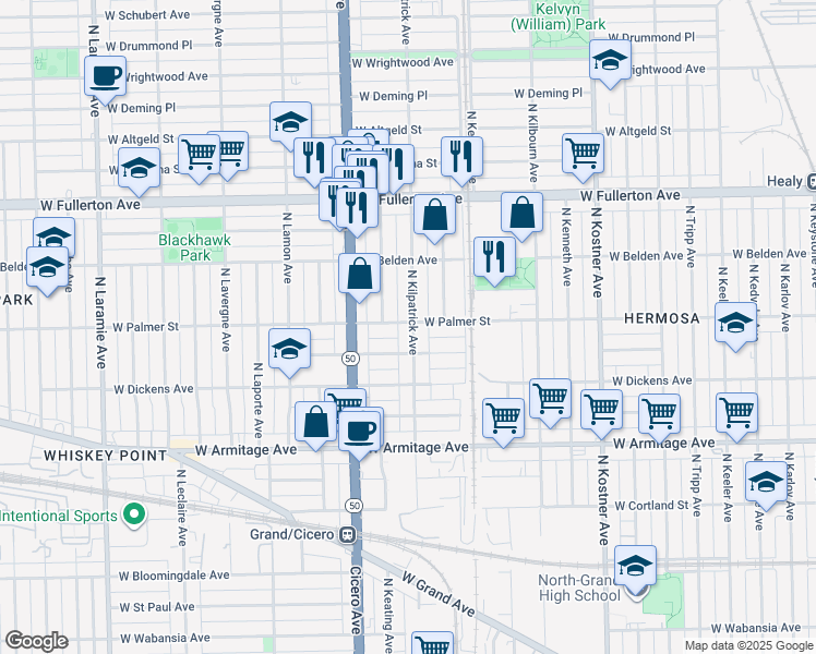 map of restaurants, bars, coffee shops, grocery stores, and more near 2158 North Kilpatrick Avenue in Chicago
