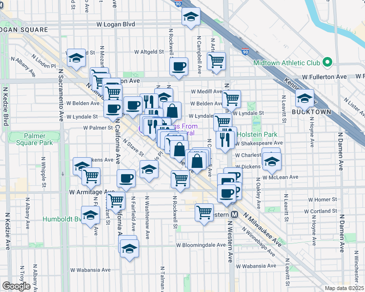 map of restaurants, bars, coffee shops, grocery stores, and more near 2140 North Maplewood Avenue in Chicago