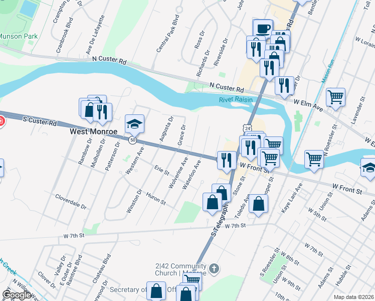 map of restaurants, bars, coffee shops, grocery stores, and more near 1704 South Custer Road in Monroe