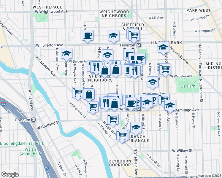 map of restaurants, bars, coffee shops, grocery stores, and more near 2119 North Clifton Avenue in Chicago