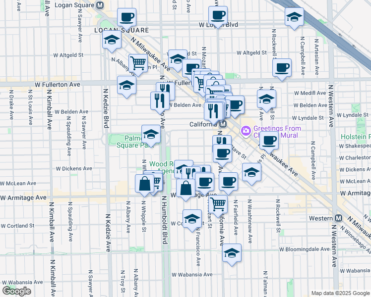 map of restaurants, bars, coffee shops, grocery stores, and more near 2127 North Humboldt Boulevard in Chicago
