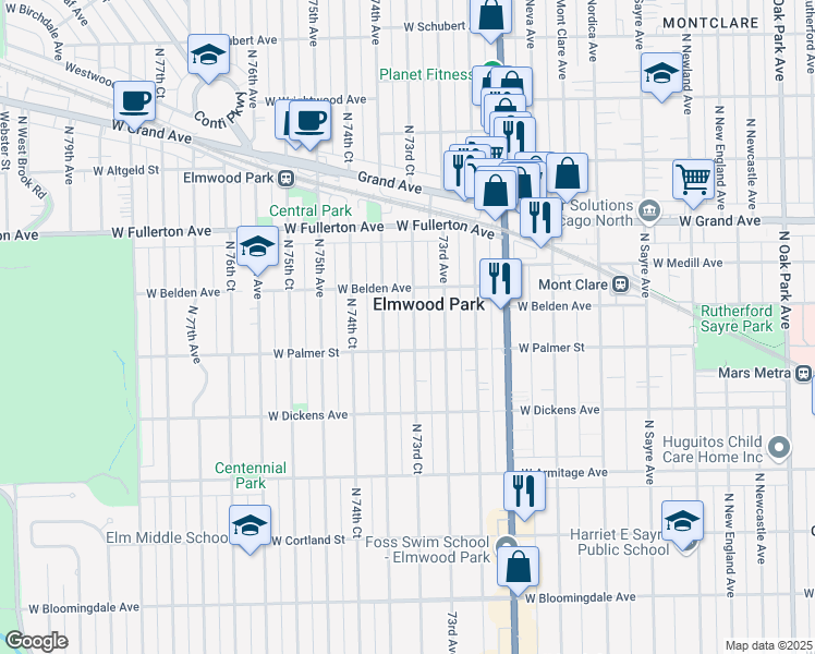 map of restaurants, bars, coffee shops, grocery stores, and more near 2216 North 73rd Court in Elmwood Park