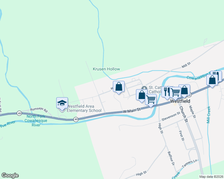 map of restaurants, bars, coffee shops, grocery stores, and more near 242 North Street in Westfield