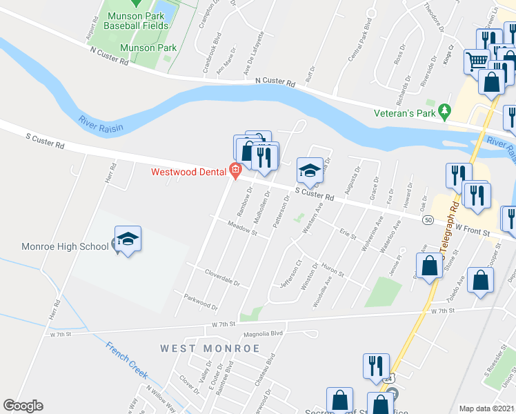 map of restaurants, bars, coffee shops, grocery stores, and more near 726 Mulhollen Drive in Monroe