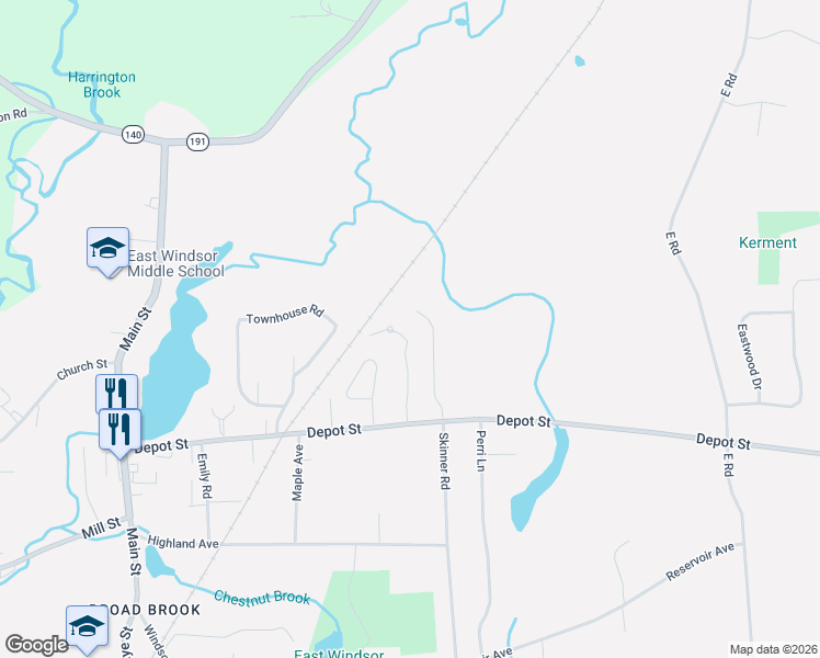 map of restaurants, bars, coffee shops, grocery stores, and more near 93 Depot Street in East Windsor